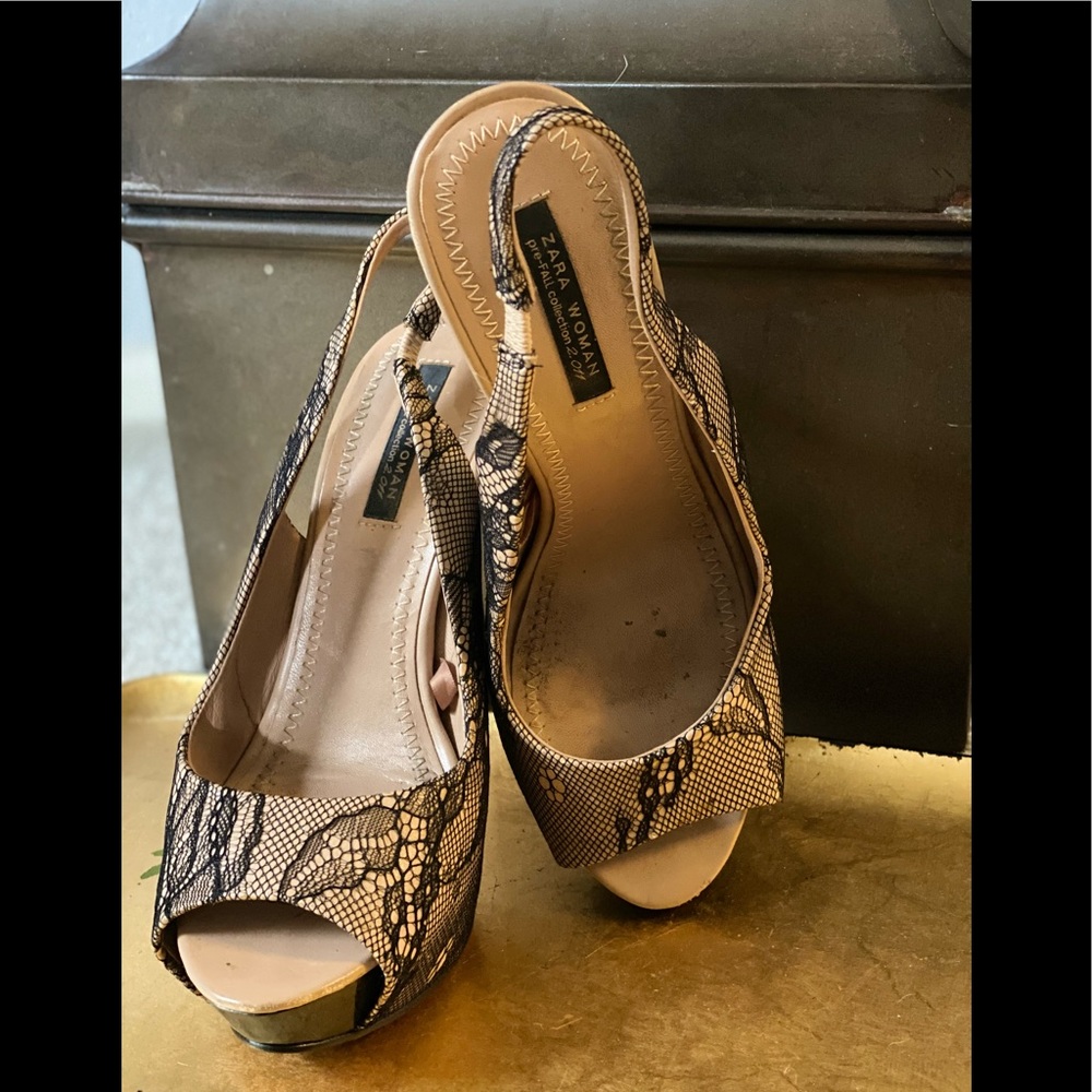 Zara Luxe Nude with Black Lace Sling back Platforms, 8